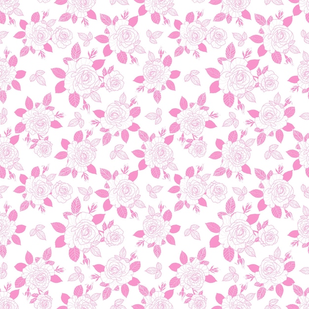 Vector cute pink roses vector seamless pattern pink leaves and line art leaves and white background