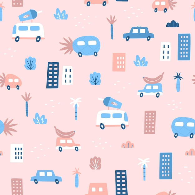 Cute pink seamless pattern. cars and fruits