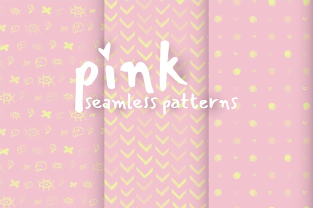 Cute pink seamless pattern with chevron texture and brush dots. Hand drawn doodle shapes, marks and lines. Vector