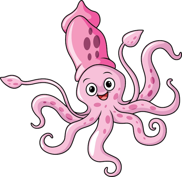 Cute pink squid cartoon on white background