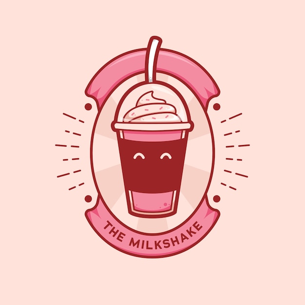 Distintivo del fumetto della mascotte del logo della bevanda della tazza del milkshake della fragola rosa sveglio