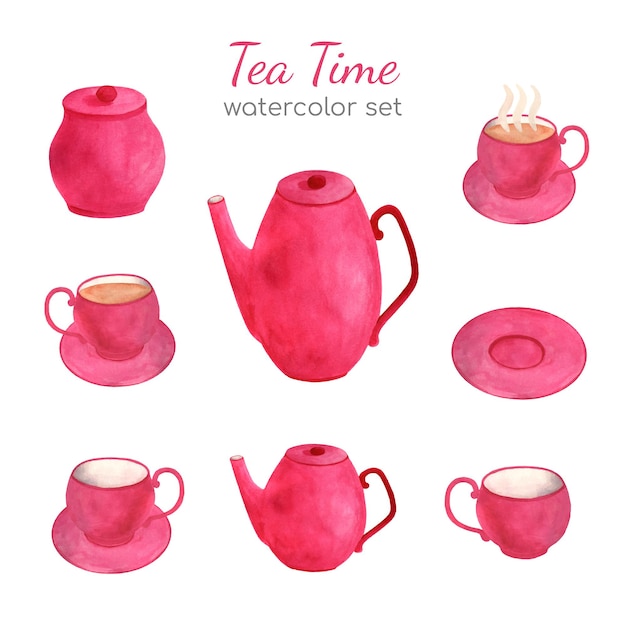 Cute pink tea set crockery, watercolor illustration