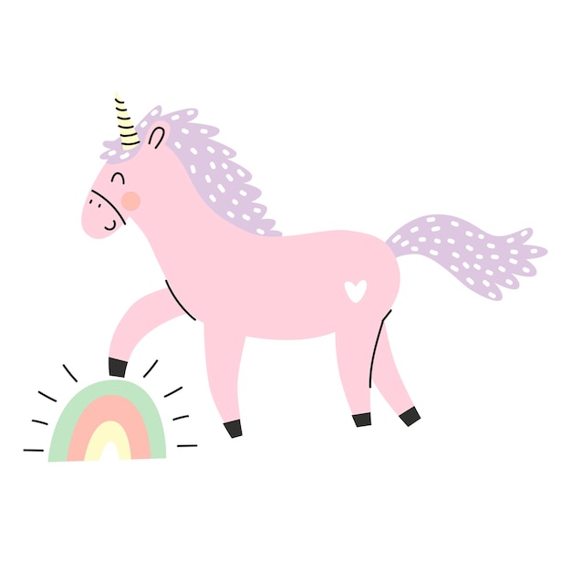 Vettore simpatico unicorno rosa e arcobaleno magico. illustrazione vettoriale su sfondo bianco