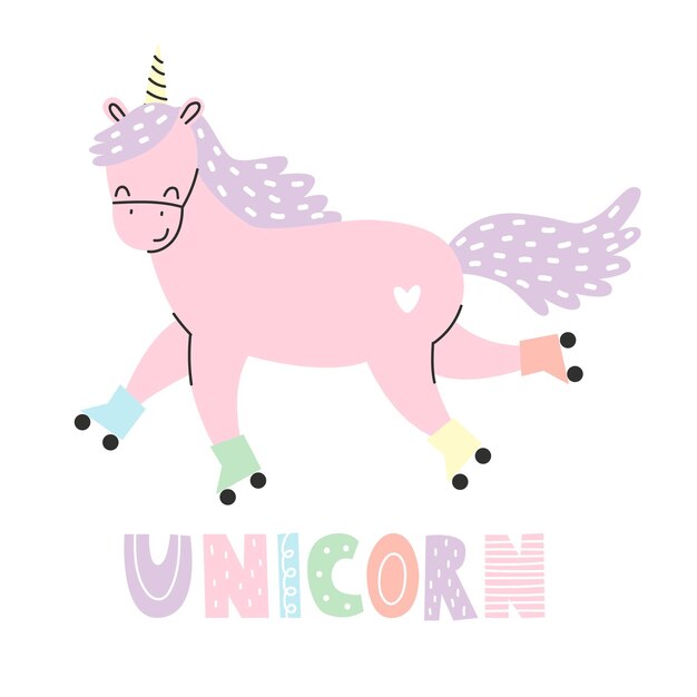 벡터 귀여운 핑크색 유니콘 롤러 스케이트와 unicorn이라는 글자. 흰색 배경에 벡터 일러스트 레이 션