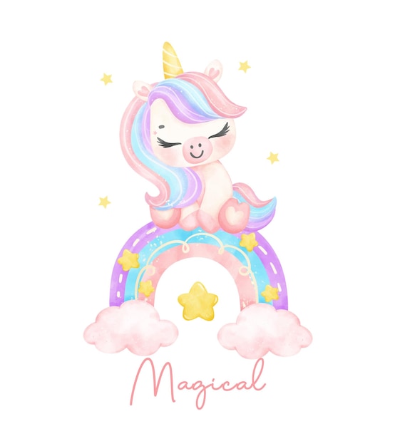 Cute pink unicorn with rainbow watercolor nursery art illustration magical unicorn