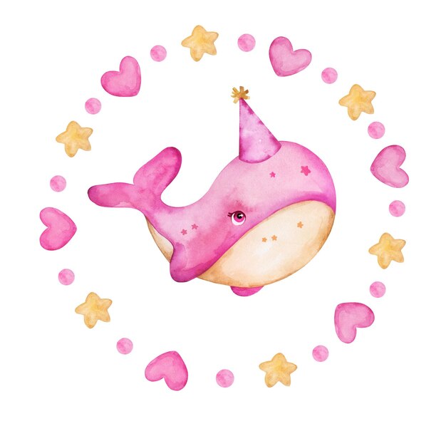 Cute pink whale hand drawn in watercolor baby shower characters