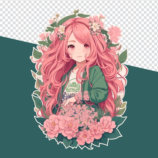 Cute PinkHaired Anime Girl Floral Delight for Stickers TShirt Prints and Logos