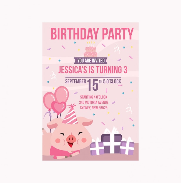 cute pinky pig birthday party invitation girl