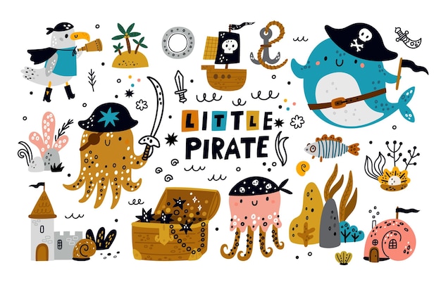 Cute pirate collection for kids Baby sea pirate vector set Childish ocean animals in cartoon style