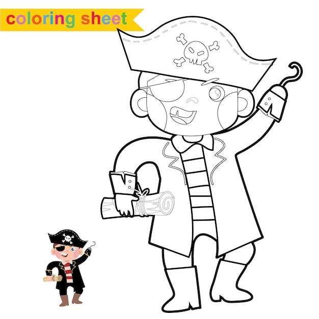 Vector cute pirate coloring page. educational printable coloring worksheet. coloring game for children