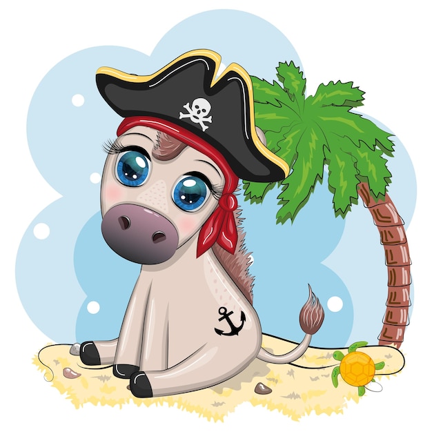 Cute pirate donkey in a cocked hat with an eye patch Child character games for boy