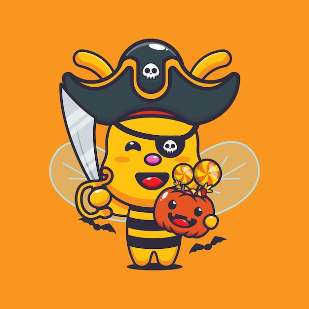 Cute pirates bee in halloween day. Cute halloween cartoon illustration.