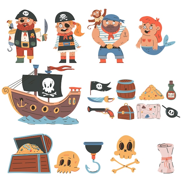 Cute pirates characters and decorative elements vector cartoon set isolated on a white background