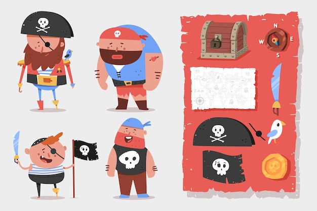 Cute pirates characters and elements cartoon set isolated.