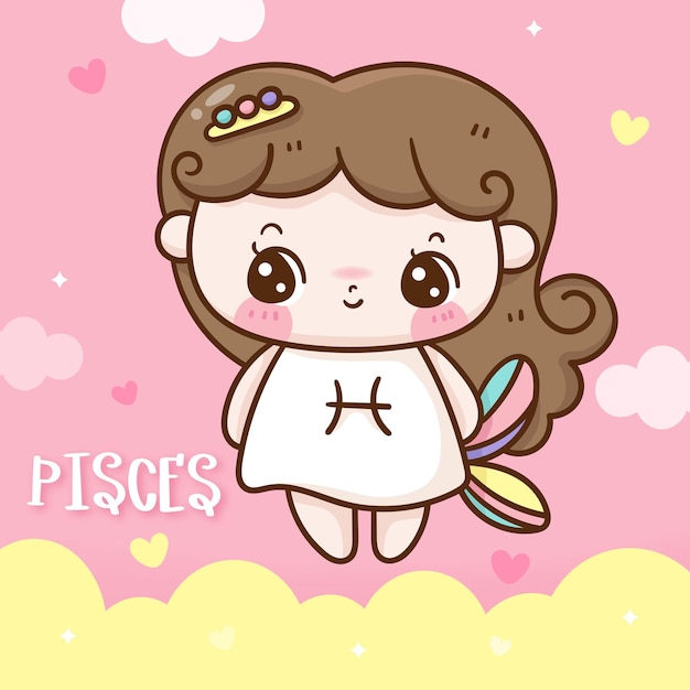 Cute pisces zodiac horoscope doodle style kawaii cartoon