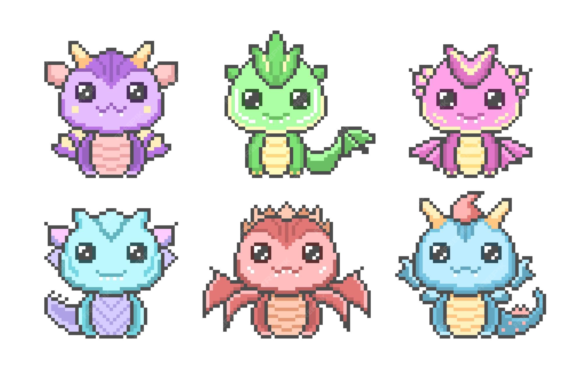 Premium Vector | Cute pixel dragons set kawaii colorful funny dinosaurs