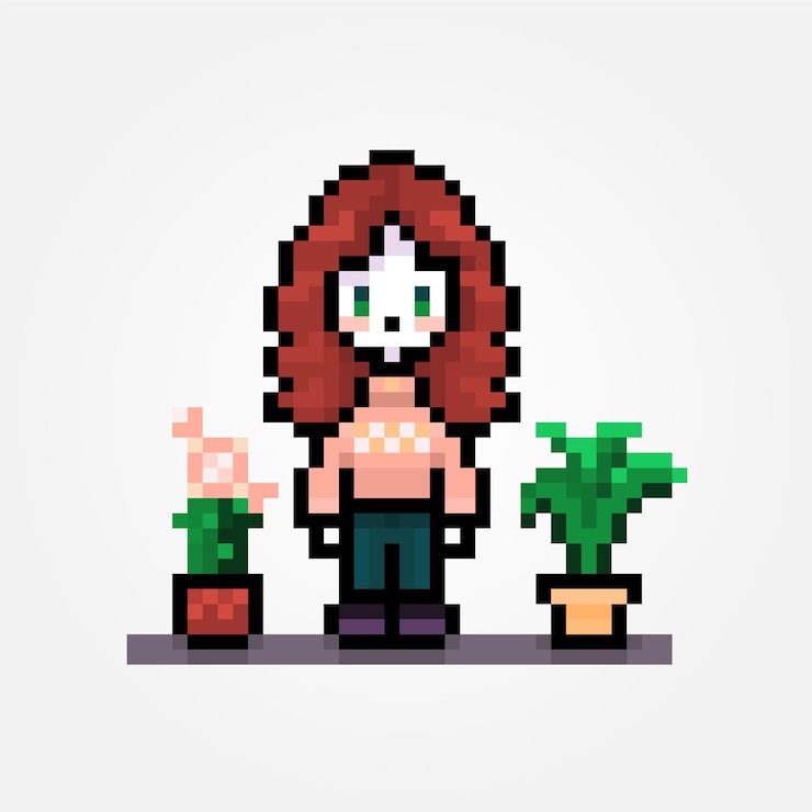 Vector cute pixel girl standing with plants curly hair