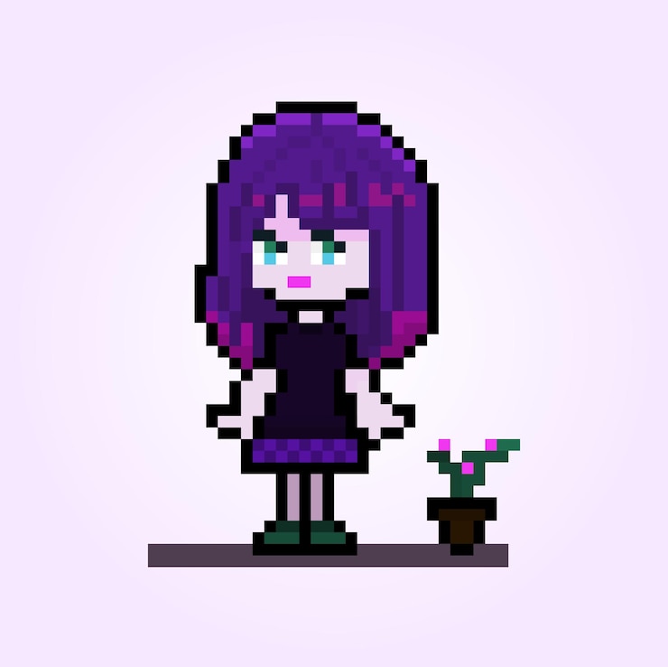 Vector cute pixel little girl with purple long hair