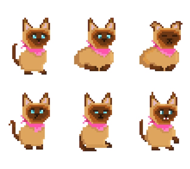 Vector cute pixel set of kitty icons, animal collection