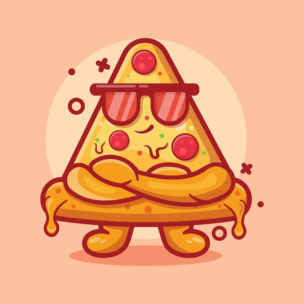 Simpatica mascotte del personaggio della pizza con un cartone animato isolato con espressione fresca in un design piatto