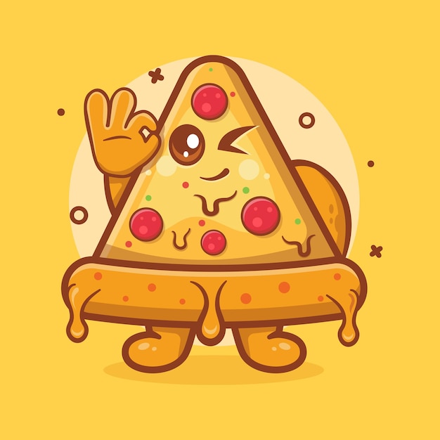 cute pizza character mascot with ok sign hand gesture isolated cartoon in flat style design
