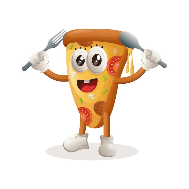 Cute pizza mascot holding spoon and fork