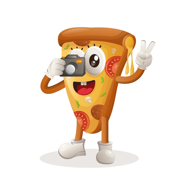 Cute pizza mascot taking photo with camera