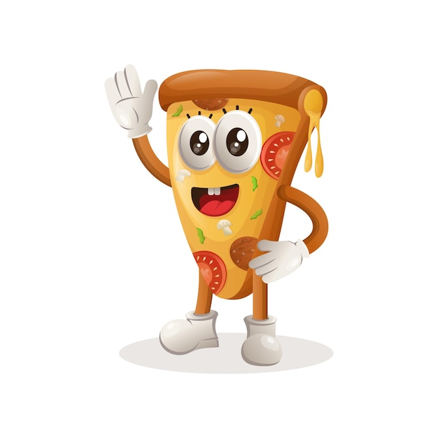 Cute pizza mascot waving hand