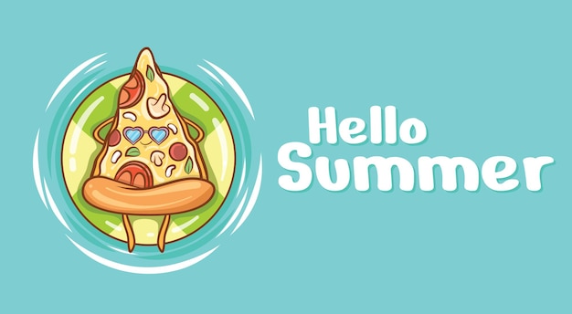 cute pizza slice floating relax with a summer greeting banner