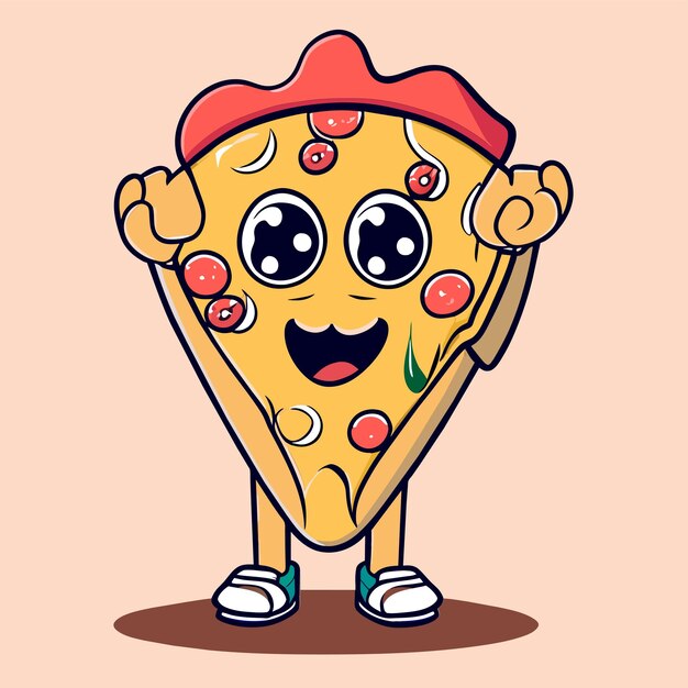 Vector cute pizza slice wearing glasses with thumbs up cartoon vector icon illustration