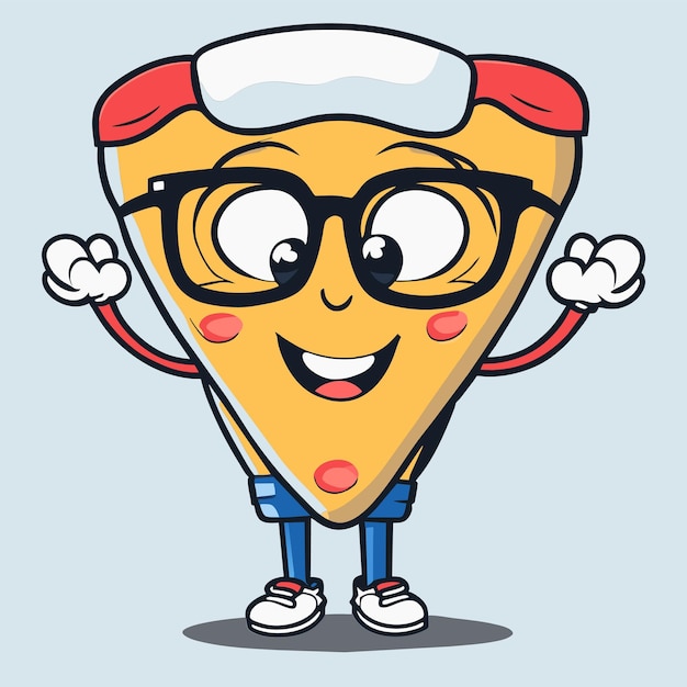 Cute pizza slice wearing glasses with thumbs up cartoon vector icon illustration