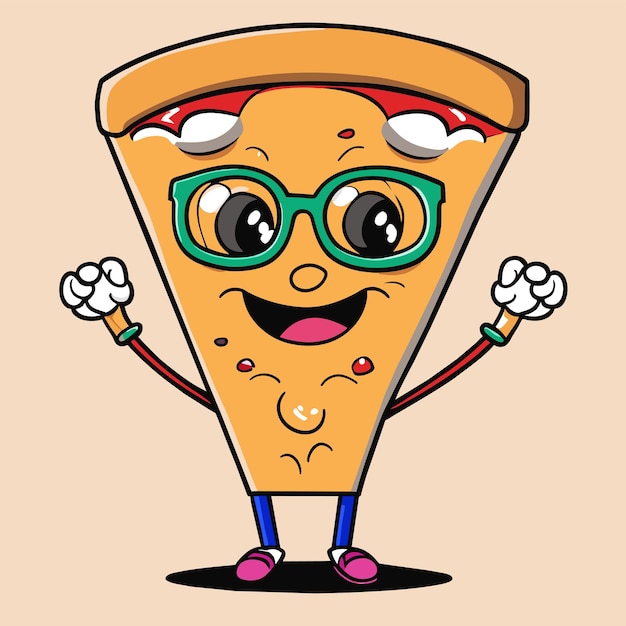 Vector cute pizza slice wearing glasses with thumbs up cartoon vector icon illustration