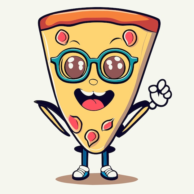 Vector cute pizza slice wearing glasses with thumbs up cartoon vector icon illustration