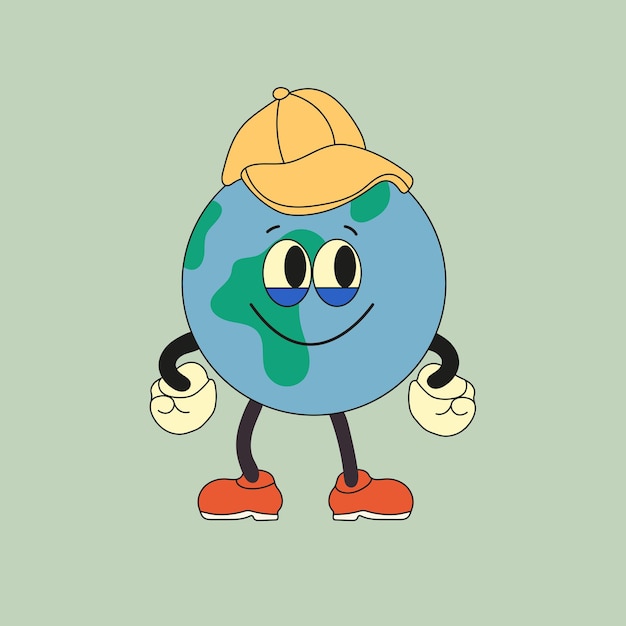 Cute planet earth character Cute earth globe with emotions face hands cap feet in shoes