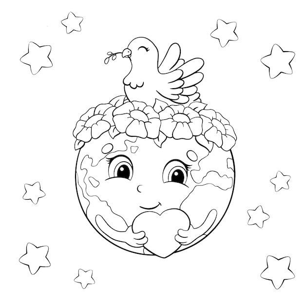 Cute planet earth holds a heart in her hands on the head is a wreath of flowers and a dove a symbol of peace coloring book page for kids cartoon style character vector illustration