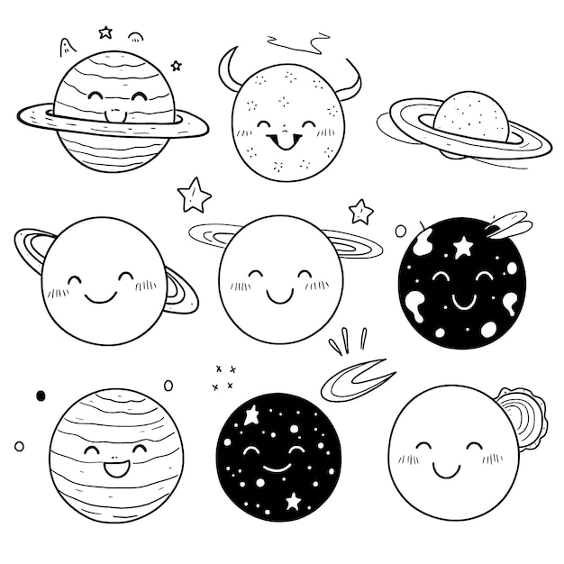 cute planet group black and white coloring page for kids and adults line art simple cartoon style happy cute and funny