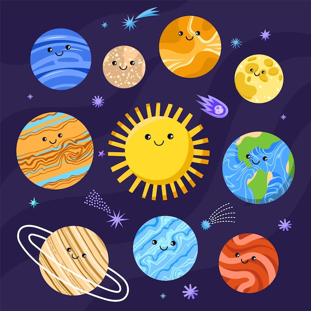 Vector cute planets characters cartoon funny astronomical objects of solar system kawaii smiling faces cosmic dark background vector set