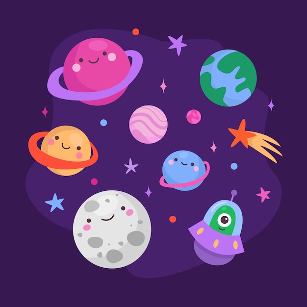 Vector cute planets characters set