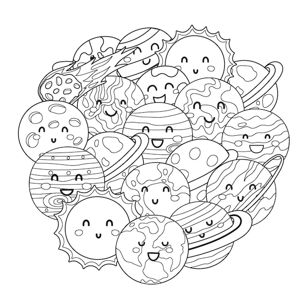 Cute planets circle shape pattern. Solar system planets coloring page. Space black and white mandala