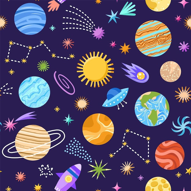 Vector cute planets pattern cartoon space elements repeated cosmic objects constellations rockets comets stars vector seamless background