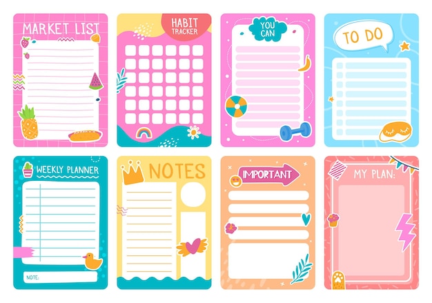 Cute planner pages with stickers notebook or diary vector template