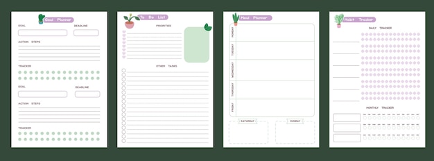 벡터 귀여운 플래너 템플릿 주간 월간 및 연간 플래너 할 일 목록 목표 플래너 습관 추적기