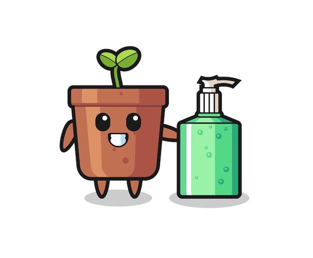 Cute plant pot cartoon with hand sanitizer , cute style design for t shirt, sticker, logo element