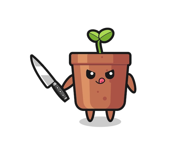 Cute plant pot mascot as a psychopath holding a knife