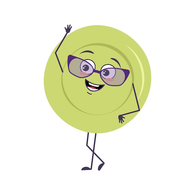 Vector cute plate character with glasses and joyful emotions, smile face, happy eyes, arms and legs. a mischievous dish for a cafe. vector flat illustration