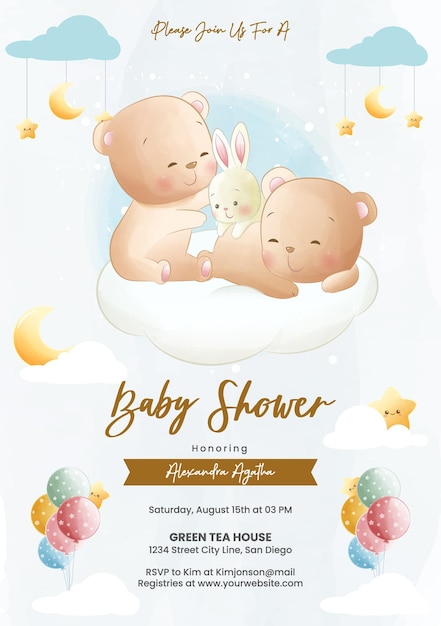 Милые игривые мишки на облаках в стиле акварели Baby Shower Invitatio