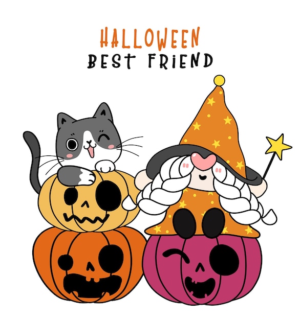 Милый игривый черный котенок кошка со счастливой ведьмой-гномом на Хэллоуин на оранжевой тыкве мультипликационный персонаж