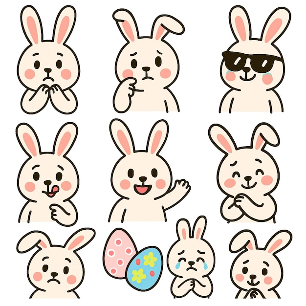 可愛くて遊び心のあるウサギのキャラクターは様々な感情を表現します イースターに最適なイラストです