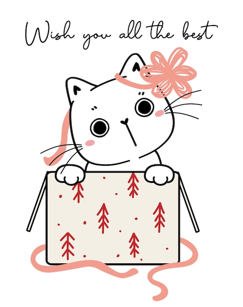 Vector cute playful cat kitten with big eyes in a present box cartoon hand drawn