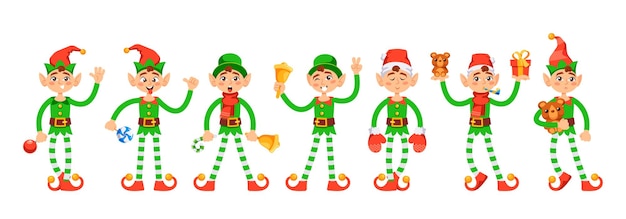 Cute playful christmas elf boy santa claus helper in green costume and stockings with gift box bell and toy in hands happy new year and merry xmas isolated cartoon personage vector illustration